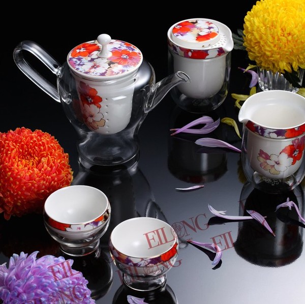 Набор "Алые цветы, фарфор и стекло Eilong" чайник + 6 чашек